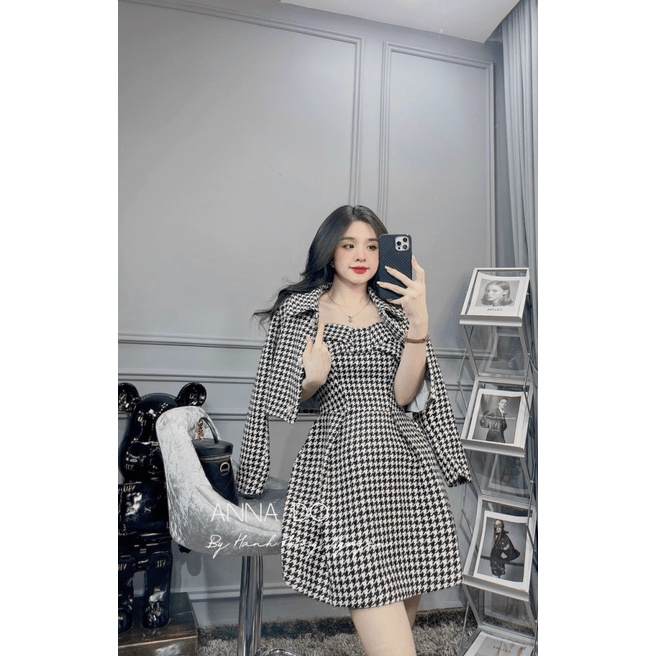 sét đầm dài kèm áo khoác karo xinh lung linh lt Shop đầm LD22