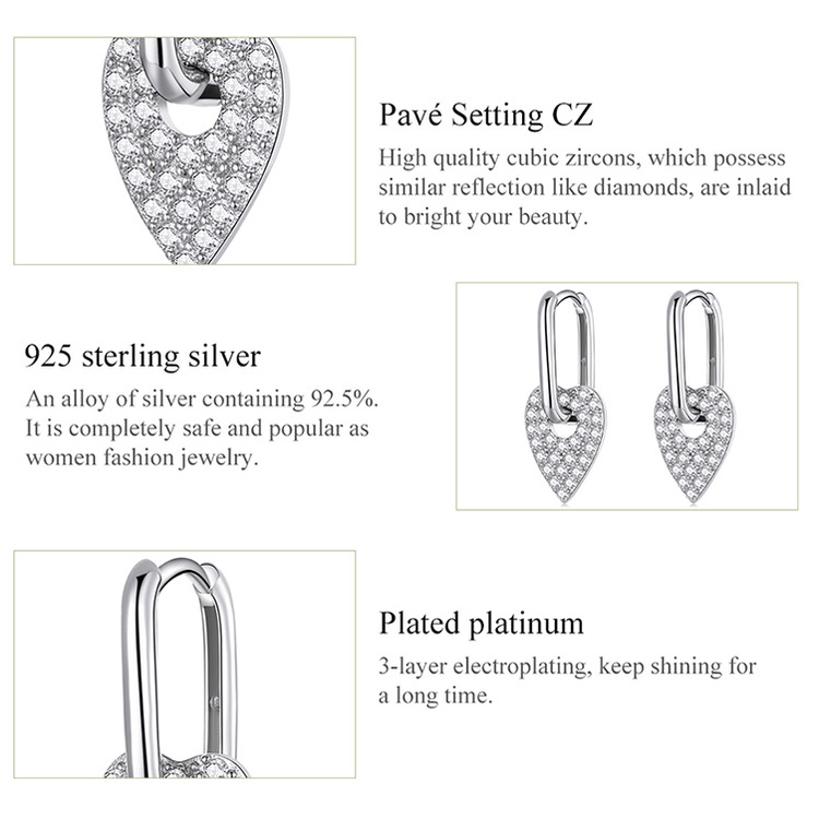 Bông tai BAMOER BSE569 làm bằng bạc 925 kiểu vuông gắn trái tim thời trang