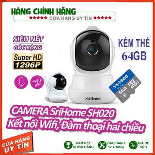 Camera Srihome 3.0Mpx UHD 1296P - Góc Rộng - Siêu Nét-Kèm Thẻ Nhớ 64gb
