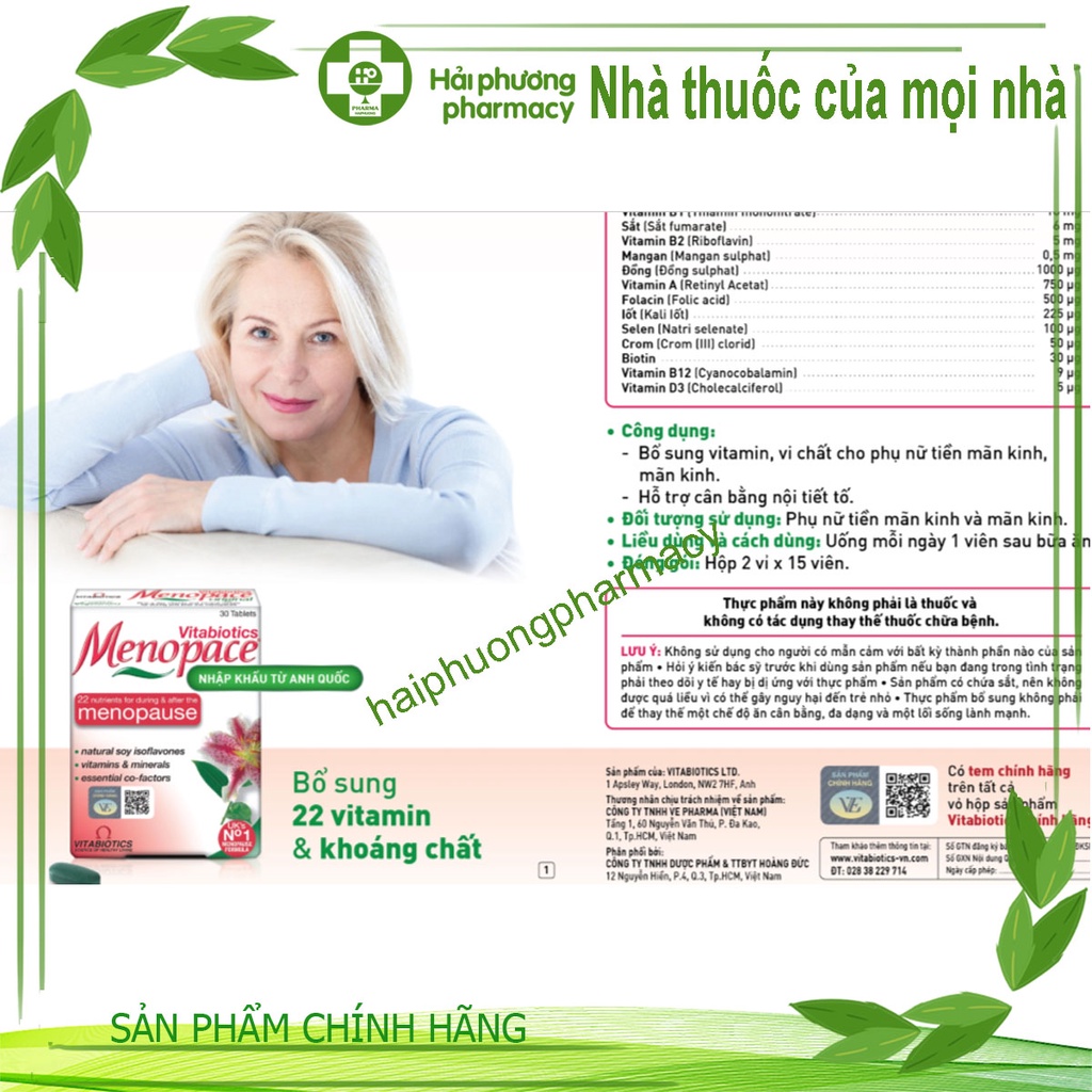 Viên uống tiền mãn kinh Vitabiotics Menopace Original- Hỗ trợ cân bằng nội tiết tố cho phụ nữ 30 viên