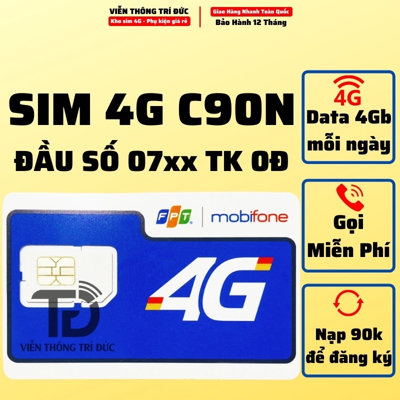 Sim 4G Mobi C90N Ưu Đãi Data 120Gb tốc độ cao, Gọi miễn phí 1000 phút nội mạng & 50 phút liên mạng chỉ với 90k/tháng