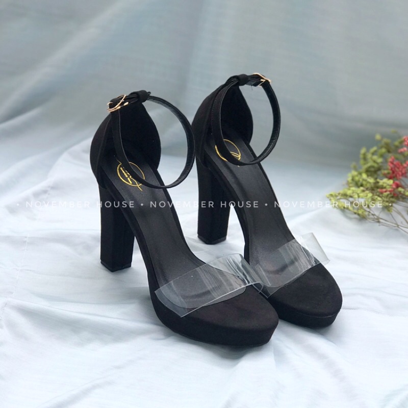 Giày sandal cao gót nữ kiểu dáng gót thô chất liệu phối da lộn, SD18, November House