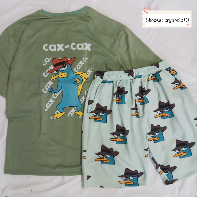 Set áo tay lửng One Piece Luffy Zoro thú mỏ vịt Perry + quần short cartoon perry/ kaki đen unisex