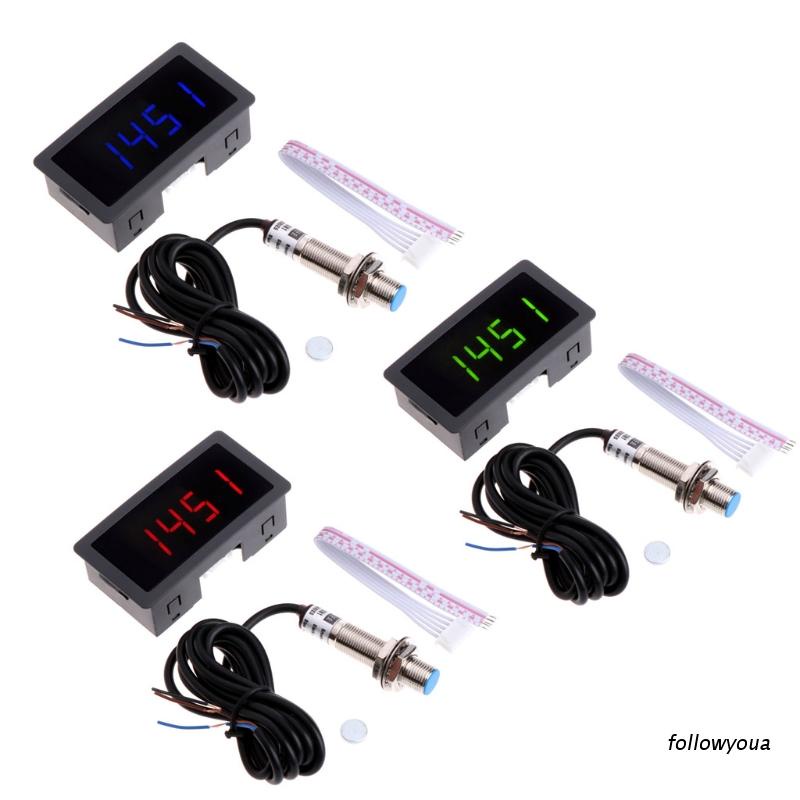 Đồng Hồ Đo Tốc Độ Fol 4 Số RPM LED Xanh + Công Tắc Cảm Biến NPN 12V 9999RPM