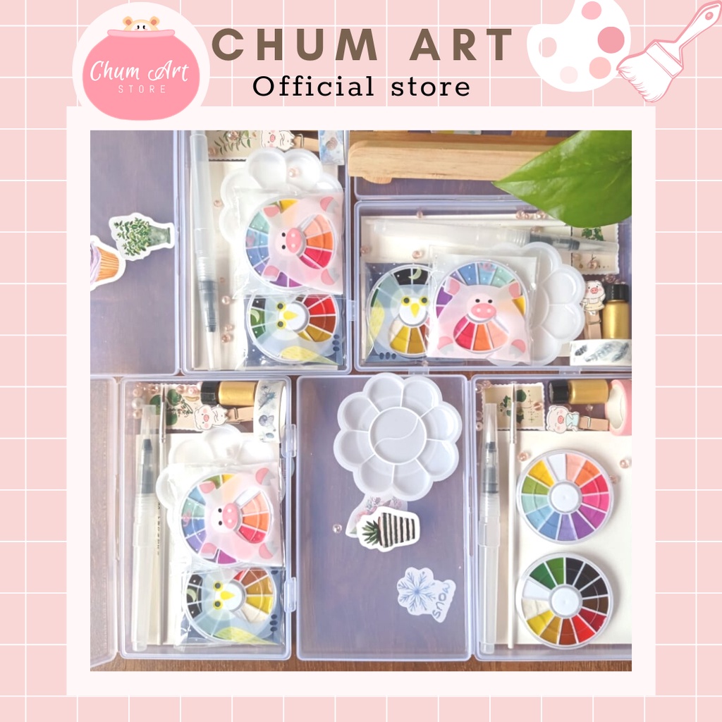 Chum art Combo hộp đầy đủ hoạ phẩm vẽ màu nước cho người mới tập, bộ màu nước