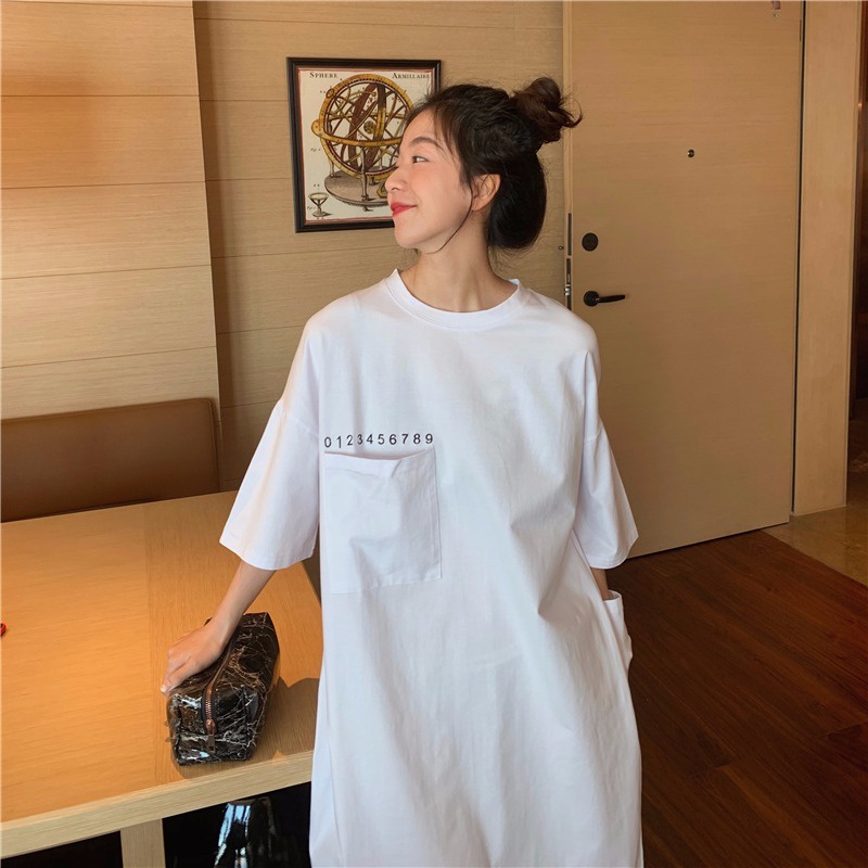 Đầm thun cotton PERTY ngắn tay thêu họa tiết phối túi thời trang cho nữ