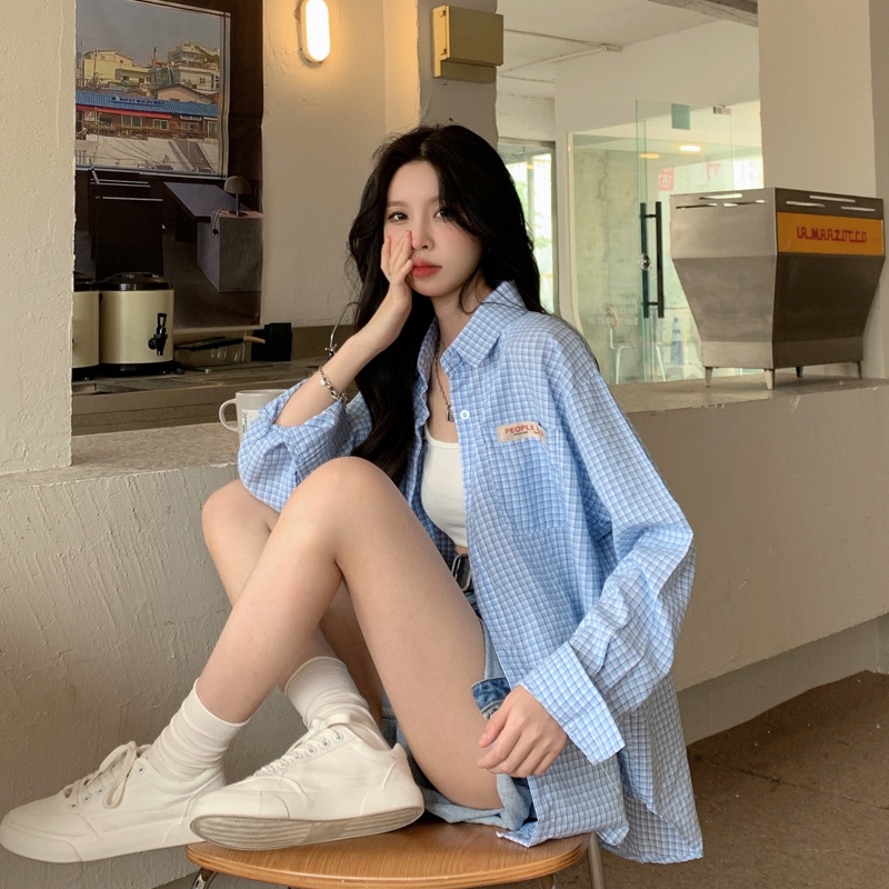 【ZHELIHANGFEI】Áo Sơ Mi Caro Tay Dài Dáng Rộng Thời Trang Cho Nữ