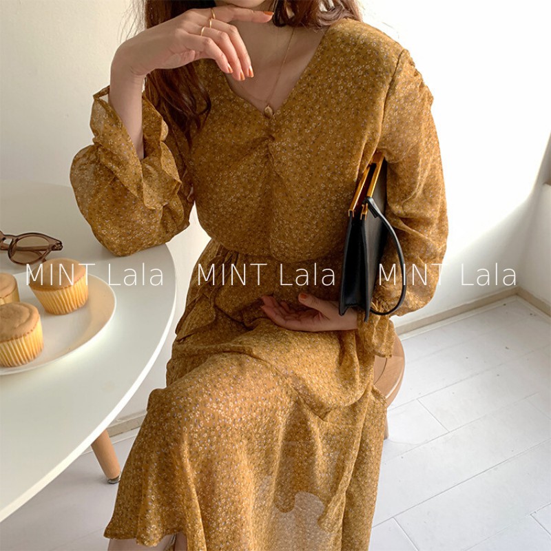 Váy Đầm Hoa Nhí Hàn Quốc Màu Vàng Có Lớp Lót