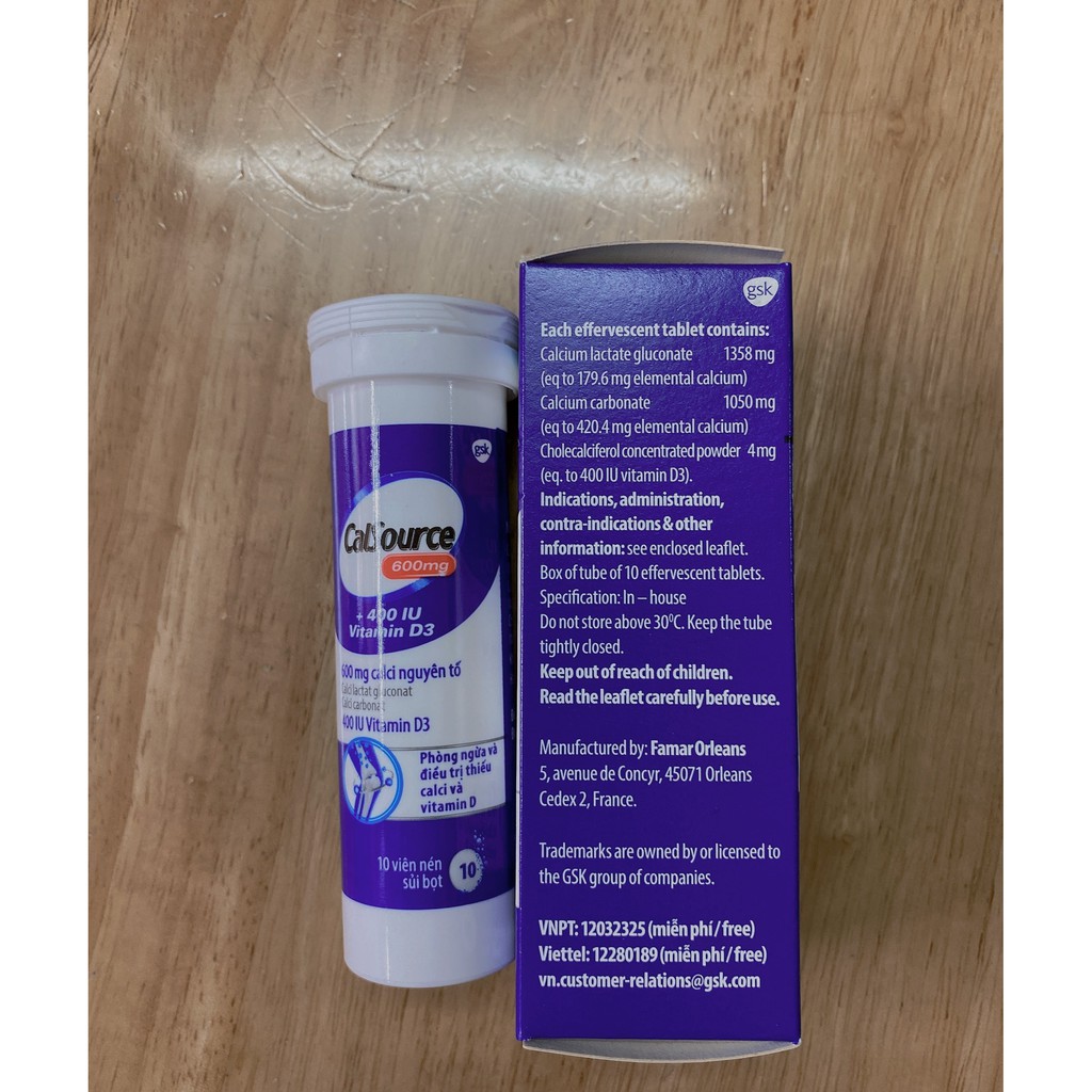 Viên sủi CalSource bổ sung Calci 600mg D3 400IU tuýp 10 viên