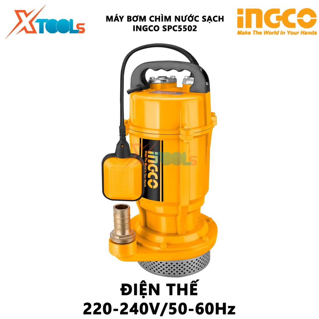 Máy bơm chìm nước sạch INGCO SPC5502 máy bơm mini Điện áp 220-240V ~ 50Hz, Công suất đầu vào 550W(0.75HP) Chiều cao bơm