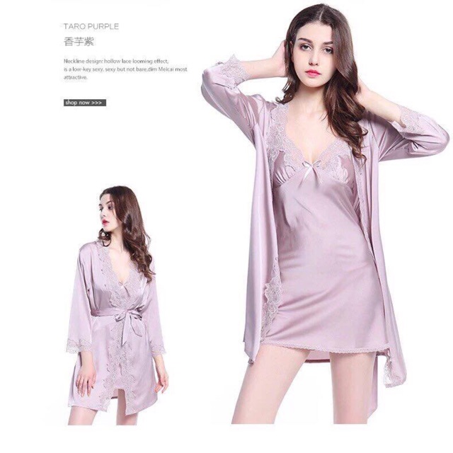 đầm ngủ phi lụa kèm áo choàng