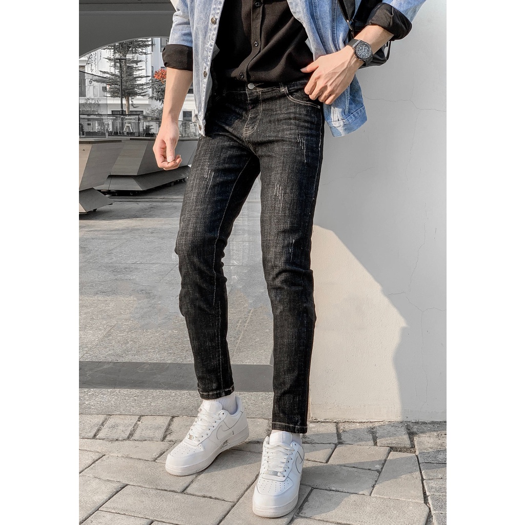 Quần Jeans Đen Xước Nhẹ Dáng Vừa Trẻ Trung Chất Vải Ít Phai Màu Co Giãn Nhẹ
