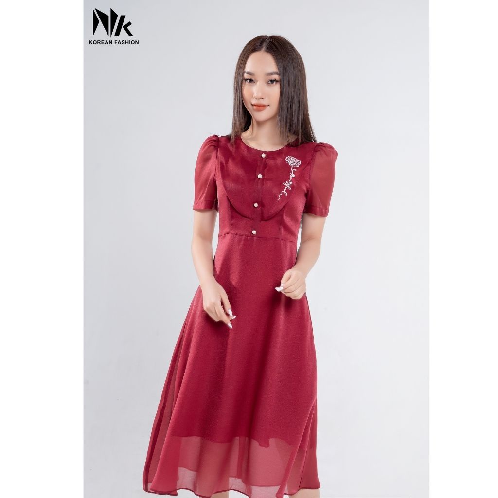 Váy Thiết Kế Nữ Dáng Xòe NK FASHION Thiết Kế Cổ Tròn Thêu Dập Ngực, Vải Hàn Cao Cấp NKDV2201004