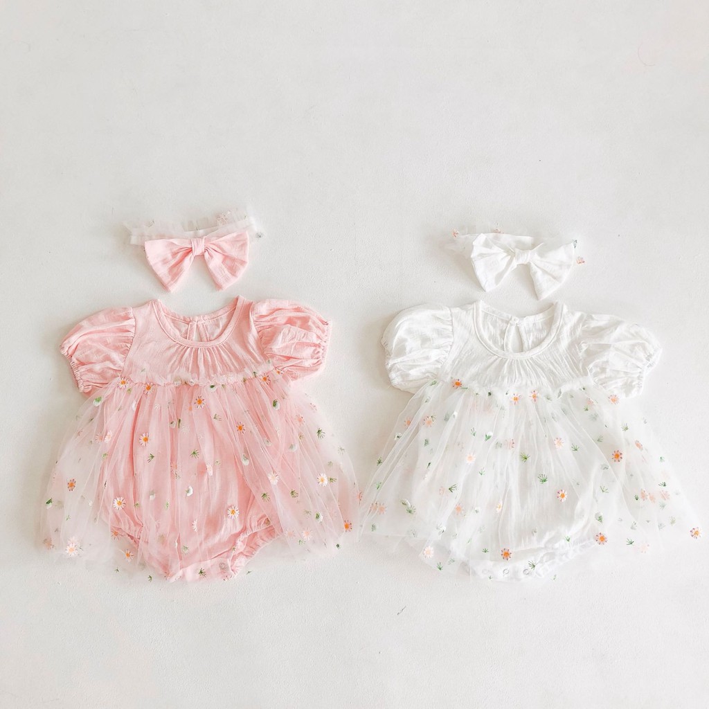Bộ liền thân phối chân váy ren thêu hoa đủ màu xinh xắn dễ thương cho bé gái bé sơ sinh