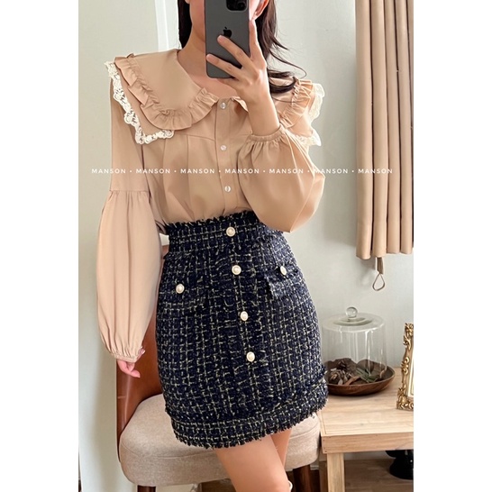 Chân váy dạ tweed hồng