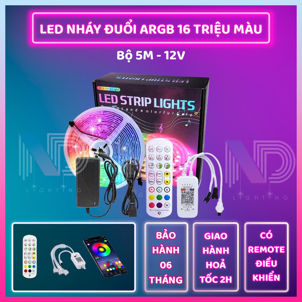 Dây Đèn LED Đuổi ARGB 16 Triệu Màu, Điêu Khiển Bằng Điện Thoại, Cảm Biến Trực Tiếp Bằng Âm Thanh