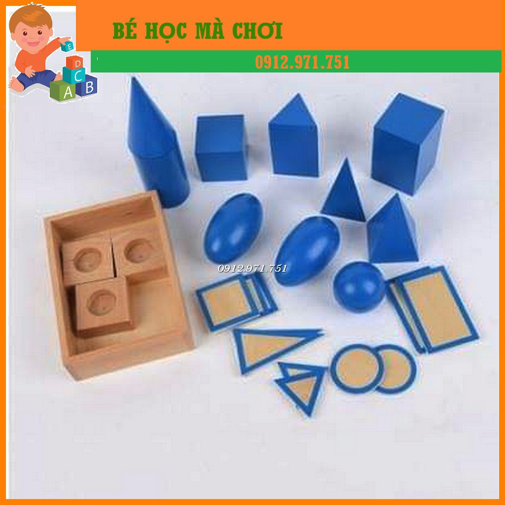 Hộp đựng các khối hình học màu xanh Montessori