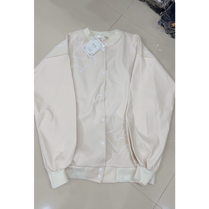 áo khoác bomber nỉ dạ phối tay da họa tiết lửa form dáng rộng unisex nam nữ mặc được màu be phong cách hàn quốc