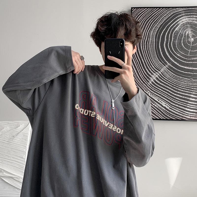 Áo thun mỏng tay dài dáng rộng in họa tiết đơn giản dễ phối đồ thời trang cho nam Size M-5XL