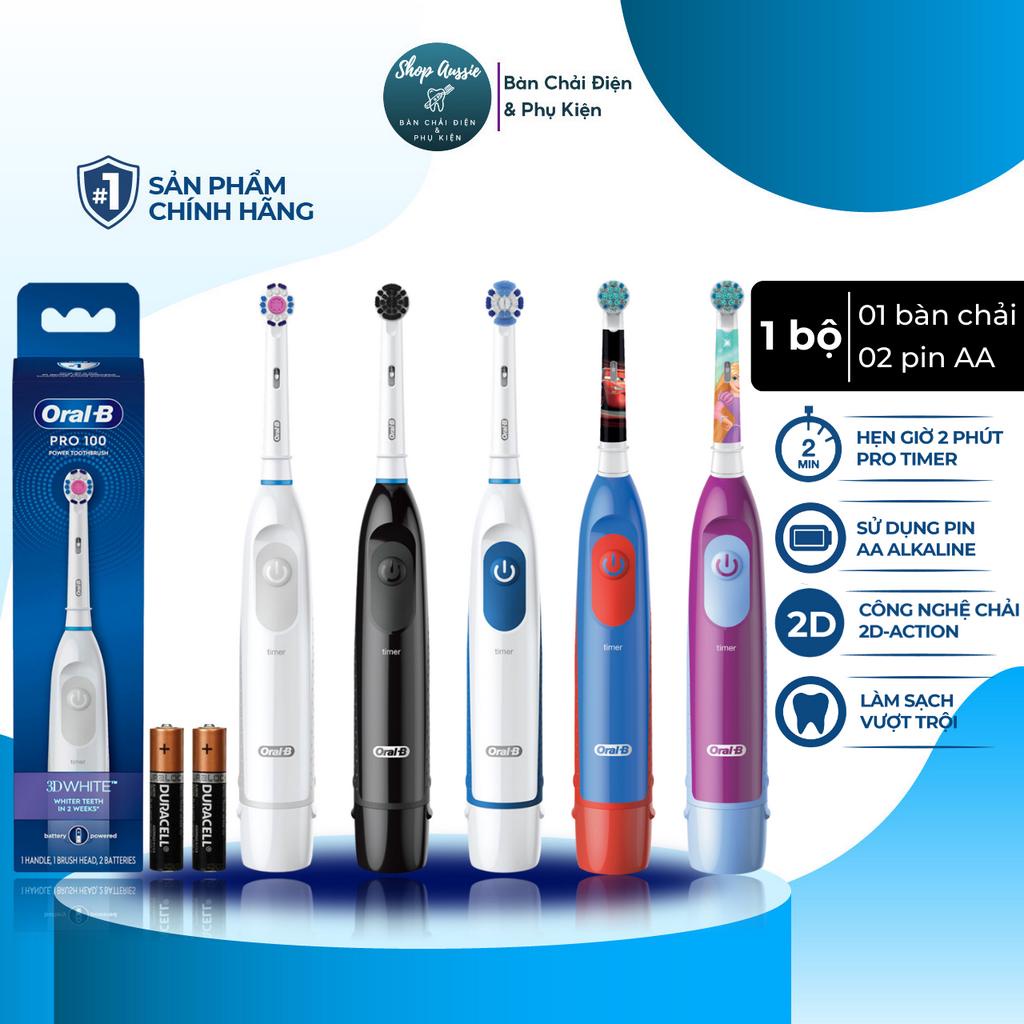 Bàn Chải Pin Oral-B Braun Pro 100 Battery - Động Cơ ProCore Mạnh Mẽ, 2 Pin AA, Hẹn Giờ 2-Phút, Nhiều Loại Đầu &amp; Màu Sắc