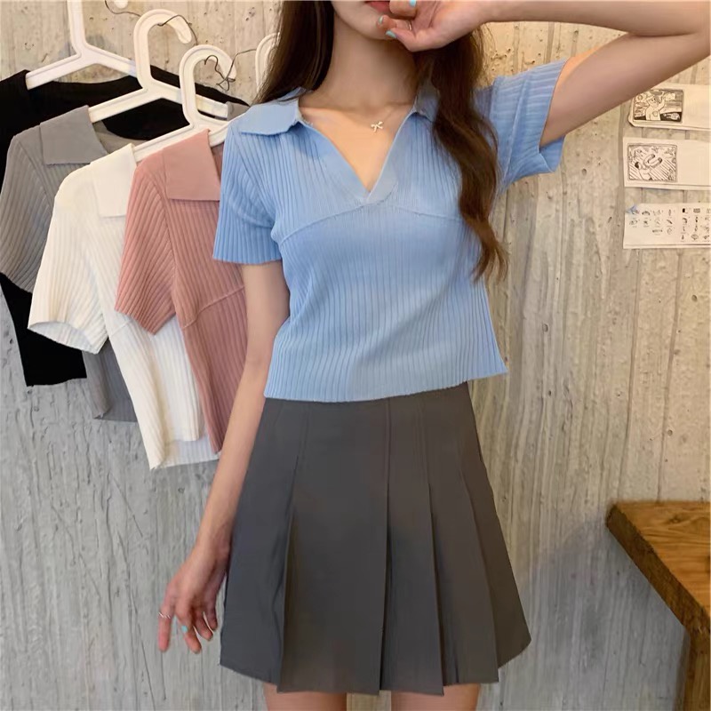 Áo thun nữ croptop polo len tăm kiểu cổ v tay ngắn đẹp - Áo đẹp hàng Quảng Châu cao cấp