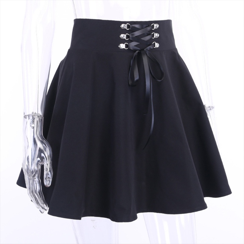 Chân Váy Chữ A Mini Lưng Cao Buộc Dây Phía Trước Màu Đen Phong Cách Gothic Cho Nữ