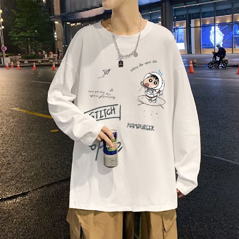 Áo Thun Tay Dài Cổ Tròn Dáng Rộng In Họa Tiết Hoạt Hình Phong Cách Hip Hop Hàn Quốc Thời Trang Cho Nam Size M-5XL