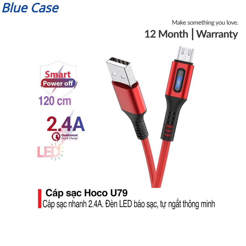 Cáp sạc nhanh và truyền dữ liệu Micro USB Hoco U79, hỗ trợ sạc nhanh 2.4A,tự ngắt sạc khi đầy pin, tích hợp đèn báo sạc
