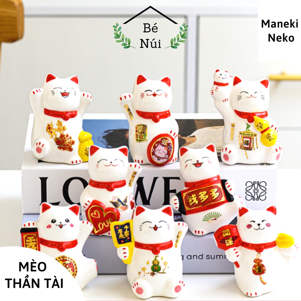 Mèo thần tài Maneki Neko may mắn, tài lộc mini trang trí bàn làm việc đồ chơi ô tô, nhà cửa