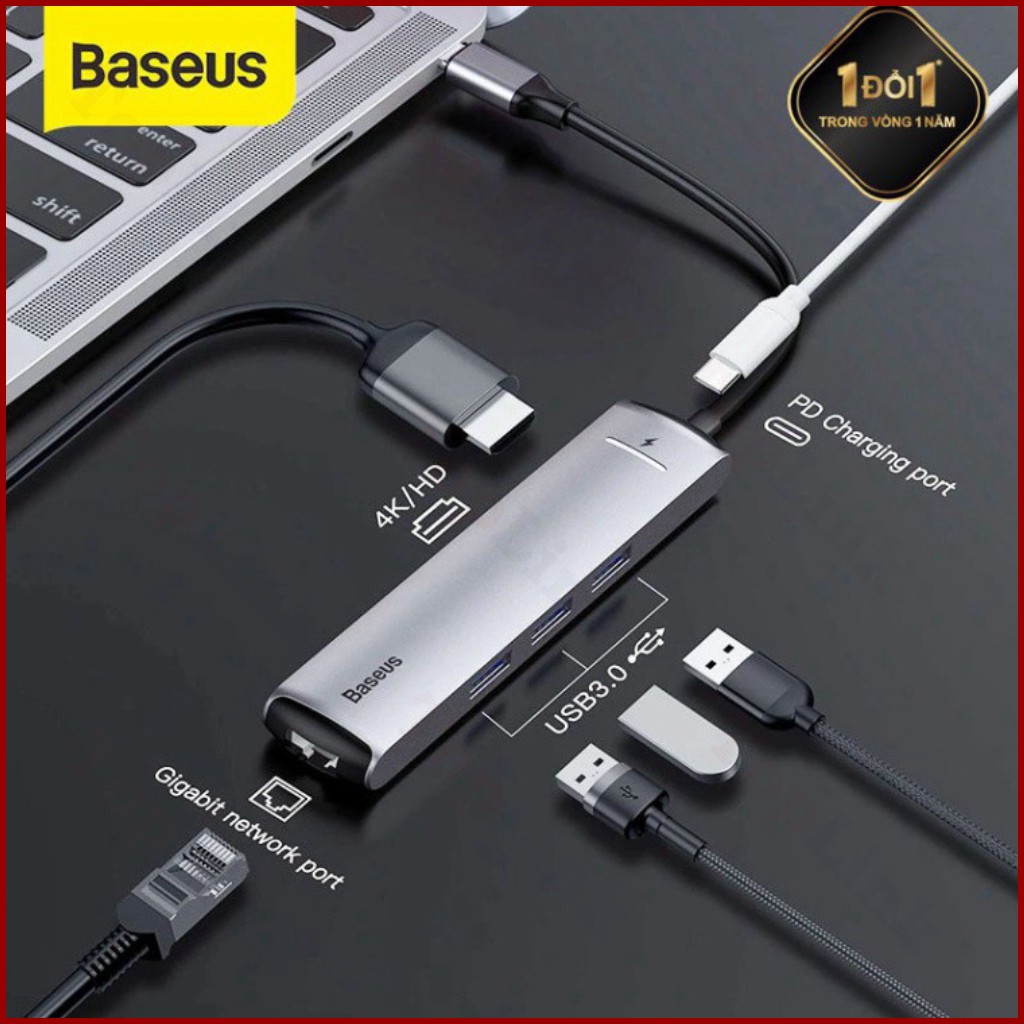 [CHÍNH HÃNG] Hub chuyển Type-C Baseus 6 in 1 Smart Hub cho Smartphone/ Laptop/ Macbook (3xUSB 3.0, HDMI 4K, LAN, PD)