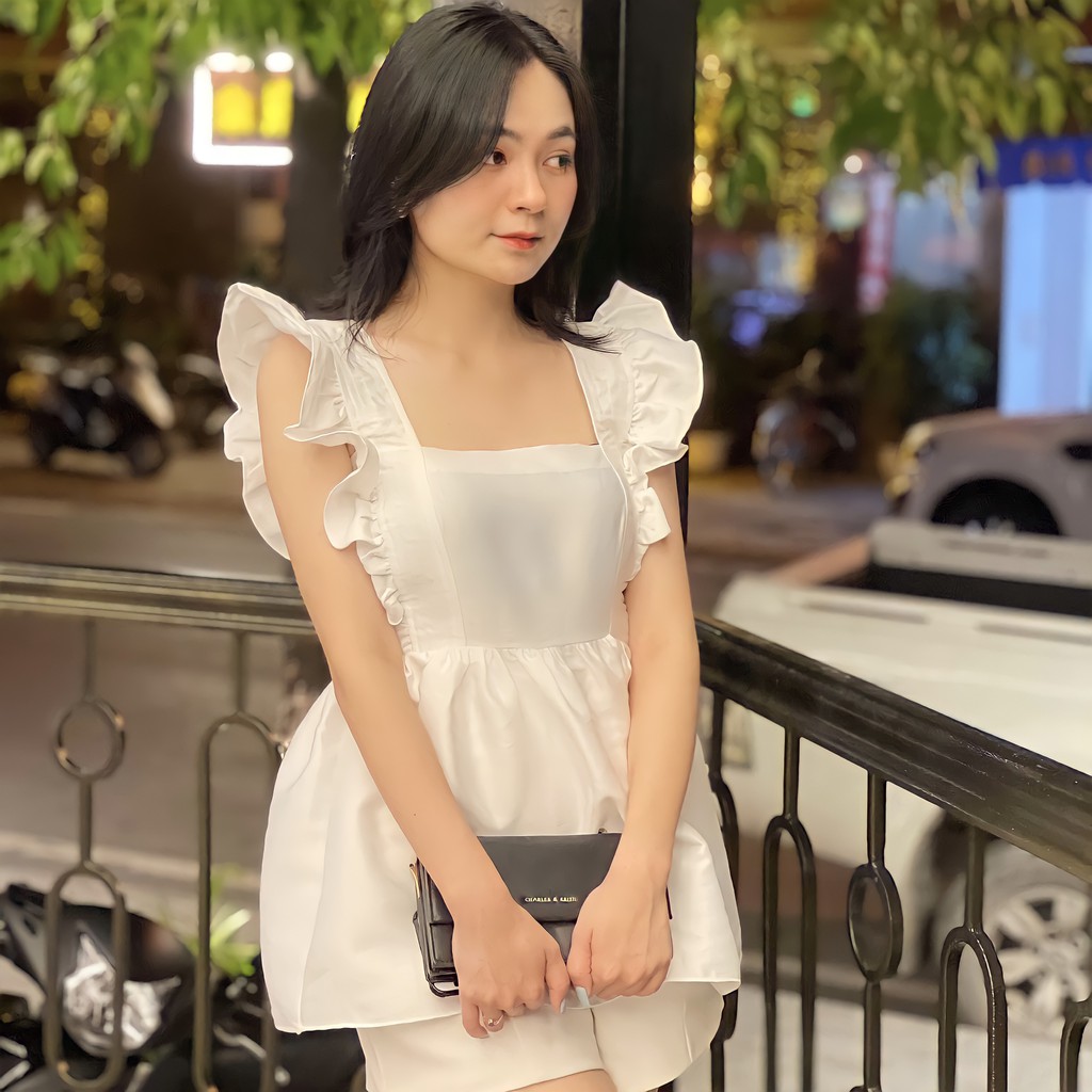 Áo tafta cổ vuông vai bèo babydoll trắng tingoan SUNNY BLOUSE/WH