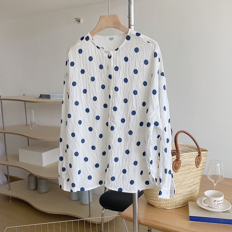 Áo kiểu IELGY tay dài cổ tròn in họa tiết chấm bi xinh xắn cho nữ