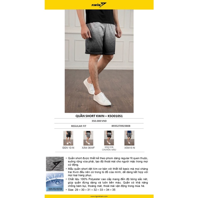 Quần short nam Kwin chất thoáng mát bền màu tag 350k- KSO010S1