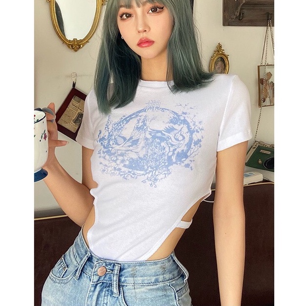 Áo Bodysuit Khoét Eo MIMILA Áo Liền Thân Tay Ngắn Cổ Tròn Hình In Hoạ Tiết Chất Thun Gân - MBS001