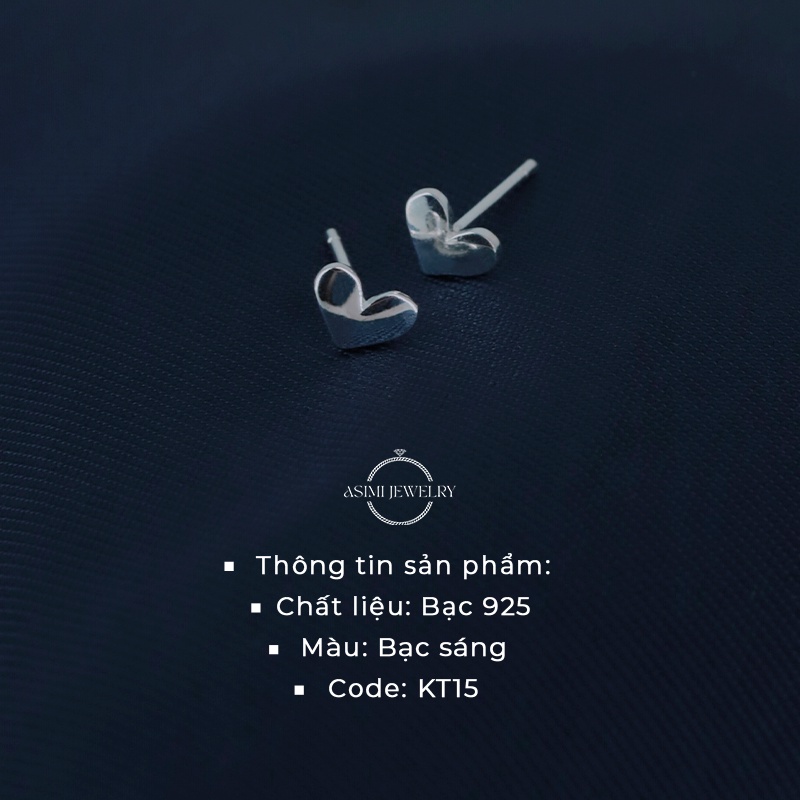 Đôi bông tai bạc nữ mặt trái tim đơn giản Asimi, bông tai bạc Ý 925 đơn giản cute Little Heart KT15