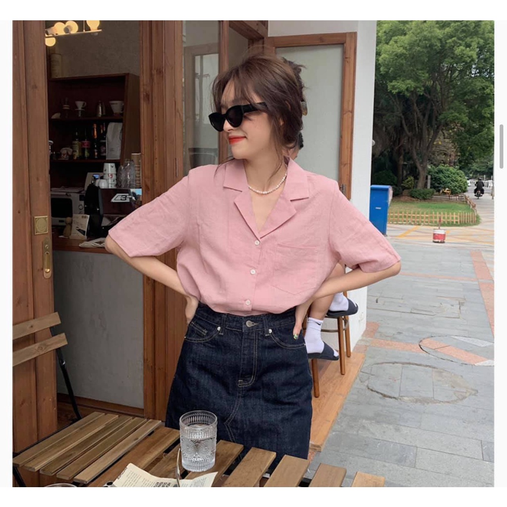 [HÀNG CÓ SẴN/ ẢNH THẬT] Áo Sơ Mi Cổ V Chất Đũi Cộc Tay4 Màu Ulzzang