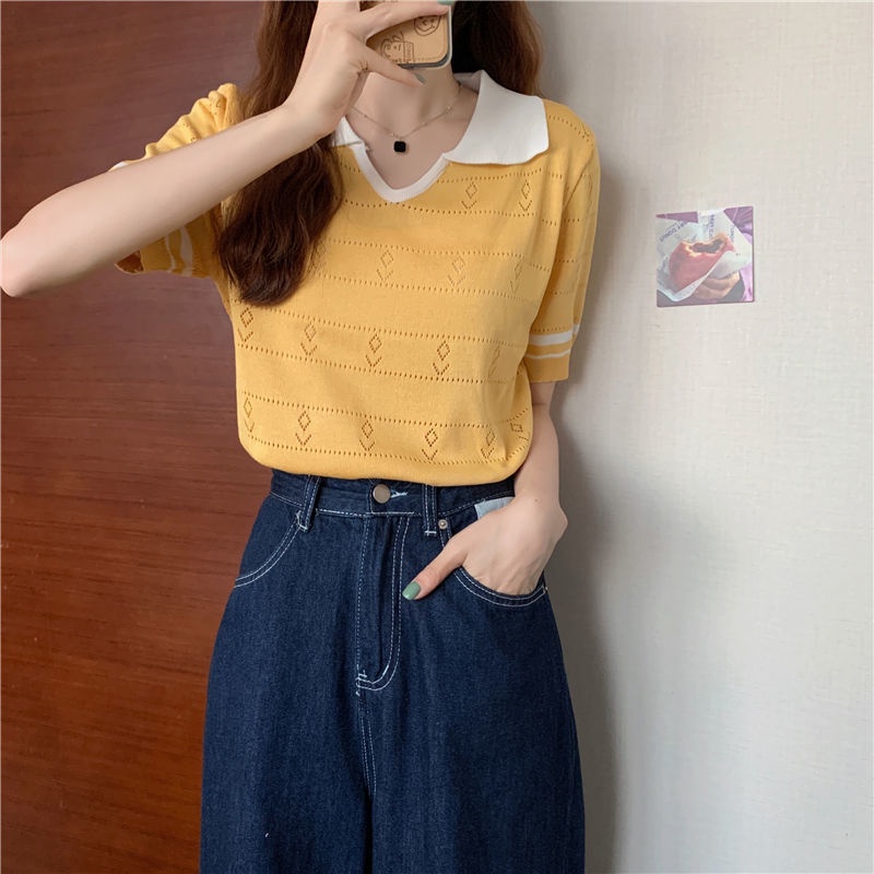 Áo Dệt Kim Tay Ngắn Dáng Rộng Vải Lụa Lạnh Đục Lỗ Thời Trang Cho Nữ