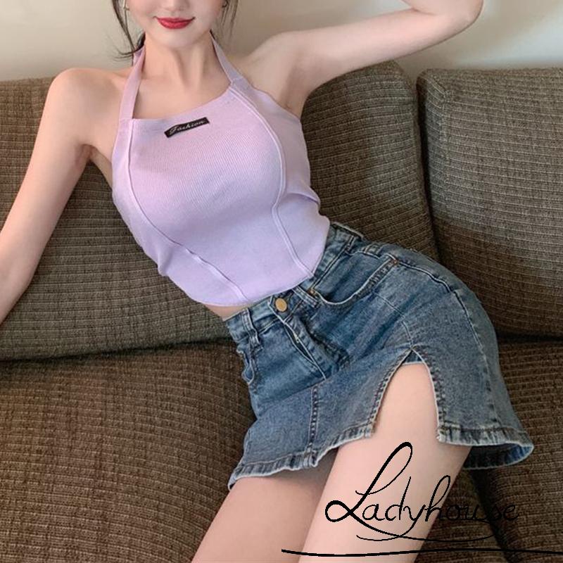 Áo tank top dệt kim không tay in chữ gợi cảm cho nữ