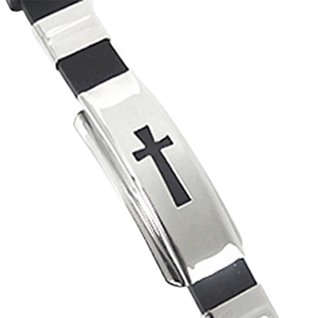 Vòng Tay Cao Su Màu Đen Phối Mặt Thép Không Gỉ Hình Thánh Giá Thời Trang Cho Nam Và Nữ