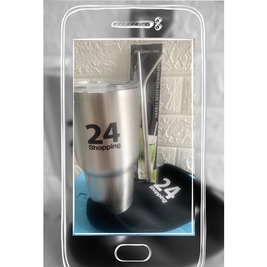 Ly inox 2 lớp 900ml kèm phụ kiện ( túi đựng +bộ ống hút inox )