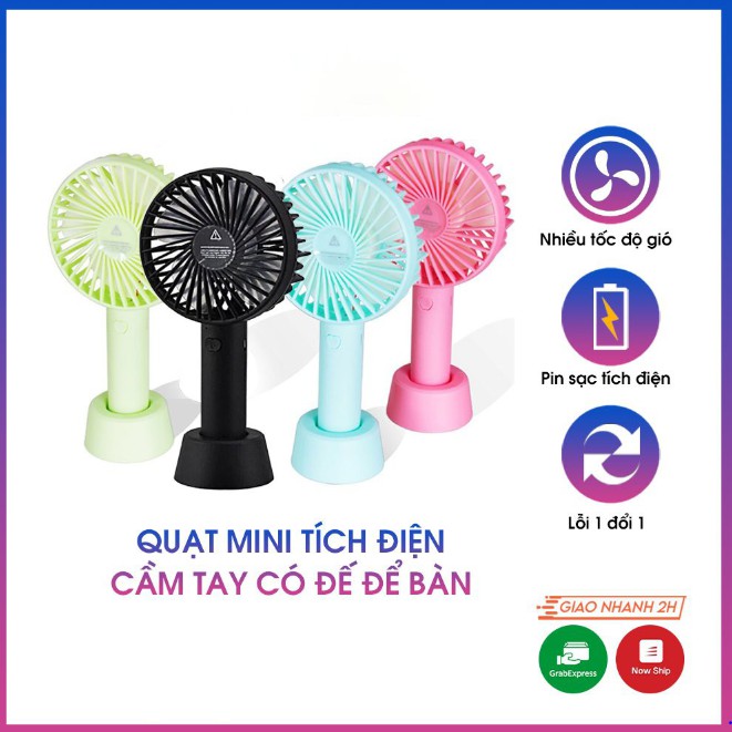 Quạt mini tích điện cầm tay có đế để bàn 3 tốc độ gió