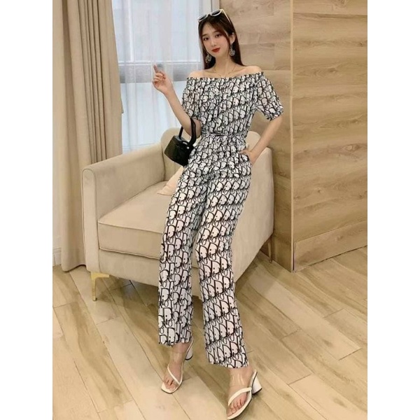 Set bộ jump lụa trễ vai quần dài nơ eo