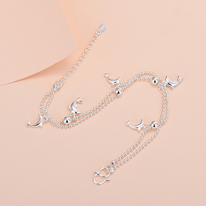 Lắc chân bạc dây đôi hình cá heo thiết kế xinh xắn