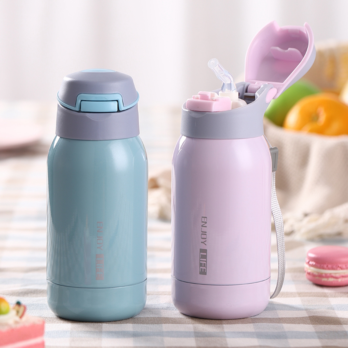 MENGXUAN Sports Thermos Cup Portable Mug Vacuum Flask Travel Insulation Creative Stainless Steel with Straw 260ml / 450ml Thermos Bottle/Multicolor