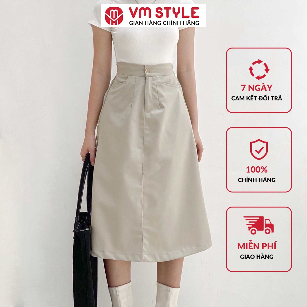 Chân váy chữ A dáng dài VMSTYLE midi kaki cạp chun sau thời trang - CVD00016