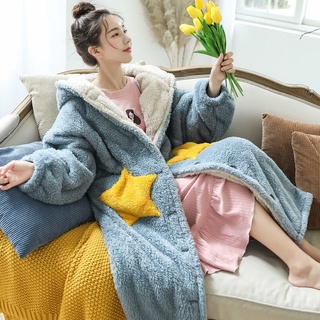 ✹Áo choàng ngủ lông cừu dáng dài thời trang thu đông cho nữ