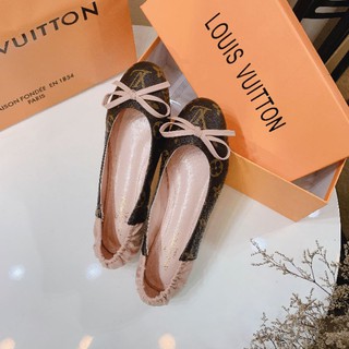 O(ẢNH THẬT) Giày Bệt Nữ Hồng Lv Nơ Nhí Da Mềm Gót Chun Fullbox Cao Cấp