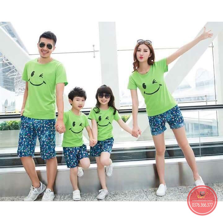 Áo gia đình màu xanh chuối - In hình mặt cười dễ thương - Chất thun cotton mềm mịn GD314XL | SGSTORE1