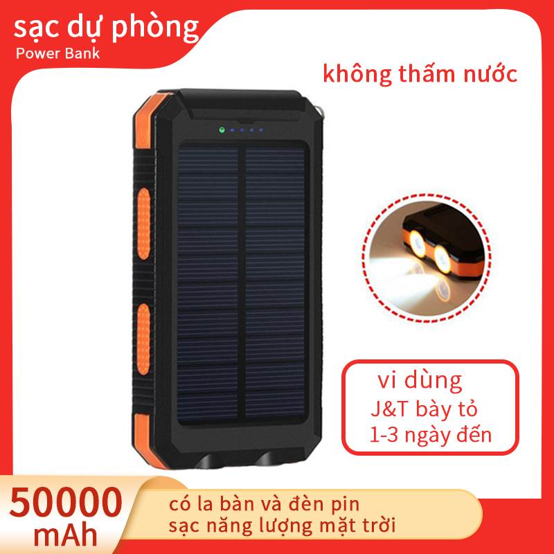 Pin Sạc dự phòng Sử Dụng Năng Lượng Mặt Trời Chống Thấm Nước 50000mah sạc 2 cổng USB thiết kế không thấm nước Đèn pin