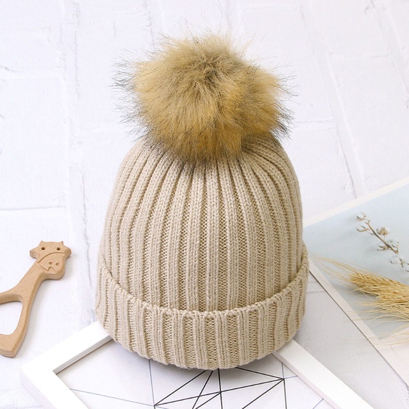 Mũ Beanie Dệt Kim Phối Bóng Lông Mềm Mại Giữ Ấm Mùa Đông Cho Bé Trai Và Gái